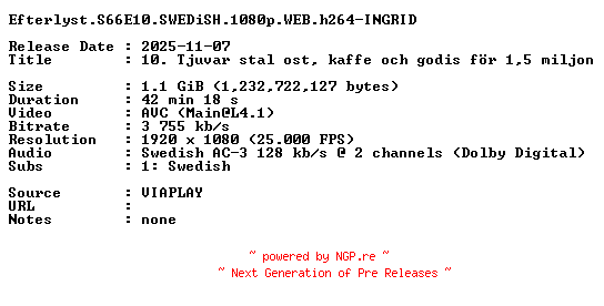 NFO for the release Efterlyst.S66E10.SWEDiSH.1080p.WEB.h264-INGRID by INGRID