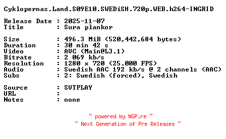 NFO for the release Cyklopernas.Land.S09E10.SWEDiSH.720p.WEB.h264-INGRID by INGRID