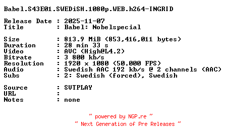 NFO for the release Babel.S43E01.SWEDiSH.1080p.WEB.h264-INGRID by INGRID