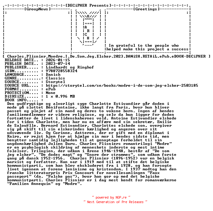 NFO for the release Charles.Plisnier.Moedre.I.De.Som.Jeg.Elsker.2023.DANiSH.RETAiL.ePub.eBOOK-DECiPHER by DECiPHER