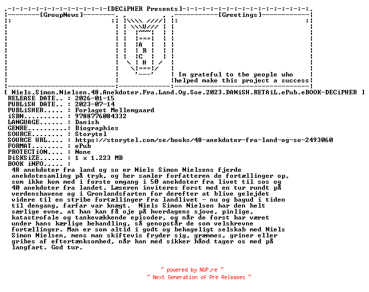 NFO for the release Niels.Simon.Nielsen.48.Anekdoter.Fra.Land.Og.Soe.2023.DANiSH.RETAiL.ePub.eBOOK-DECiPHER by DECiPHER
