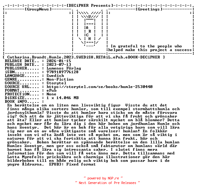 NFO for the release Catharina.Brandt.Humle.2023.SWEDiSH.RETAiL.ePub.eBOOK-DECiPHER by DECiPHER