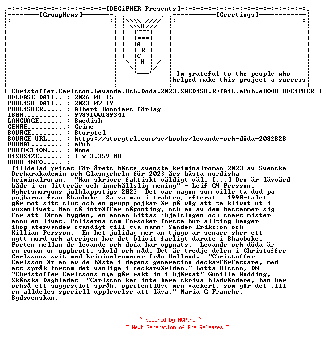 NFO for the release Christoffer.Carlsson.Levande.Och.Doda.2023.SWEDiSH.RETAiL.ePub.eBOOK-DECiPHER by DECiPHER
