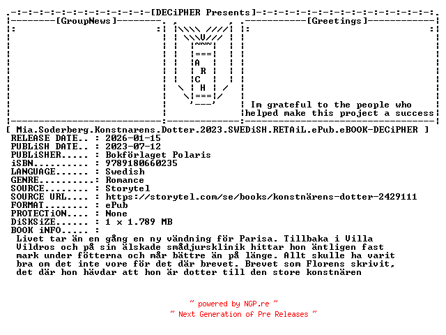 NFO for the release Mia.Soderberg.Konstnarens.Dotter.2023.SWEDiSH.RETAiL.ePub.eBOOK-DECiPHER by DECiPHER