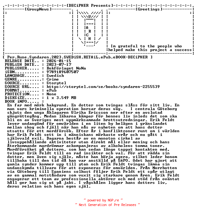 NFO for the release Per.Rune.Syndaren.2023.SWEDiSH.RETAiL.ePub.eBOOK-DECiPHER by DECiPHER