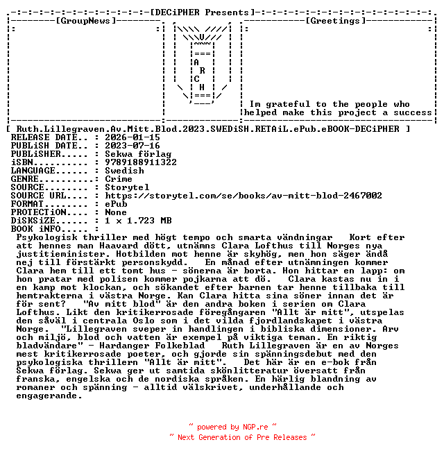 NFO for the release Ruth.Lillegraven.Av.Mitt.Blod.2023.SWEDiSH.RETAiL.ePub.eBOOK-DECiPHER by DECiPHER