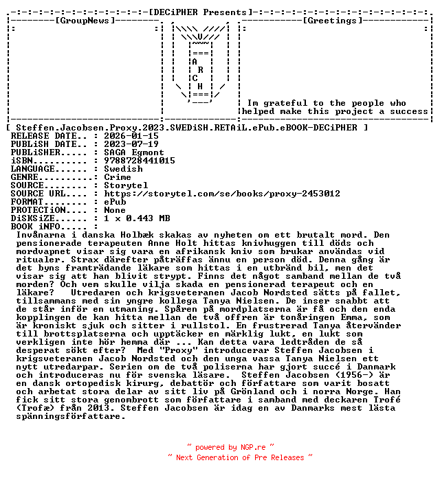 NFO for the release Steffen.Jacobsen.Proxy.2023.SWEDiSH.RETAiL.ePub.eBOOK-DECiPHER by DECiPHER