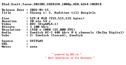 NFO for the release Blod.Svett.Tarar.S01E02.SWEDiSH.1080p.WEB.h264-INGRID by INGRID