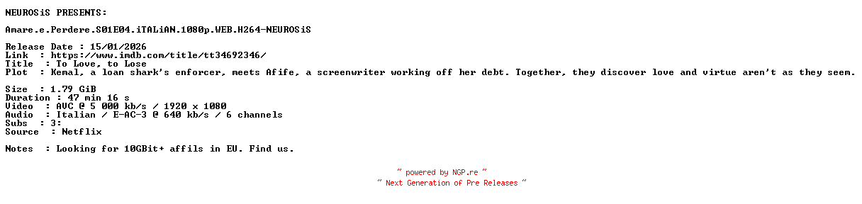 NFO for the release Amare.e.Perdere.S01E04.iTALiAN.1080p.WEB.H264-NEUROSiS by NEUROSiS