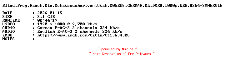 NFO for the release Blind.Frog.Ranch.Die.Schatzsucher.von.Utah.S05E05.GERMAN.DL.DOKU.1080p.WEB.H264-SYNERGiE by SYNERGiE