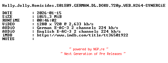 NFO for the release Holly.Jolly.Homicides.S01E09.GERMAN.DL.DOKU.720p.WEB.H264-SYNERGiE by SYNERGiE