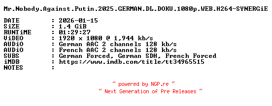NFO for the release Mr.Nobody.Against.Putin.2025.GERMAN.DL.DOKU.1080p.WEB.H264-SYNERGiE by SYNERGiE