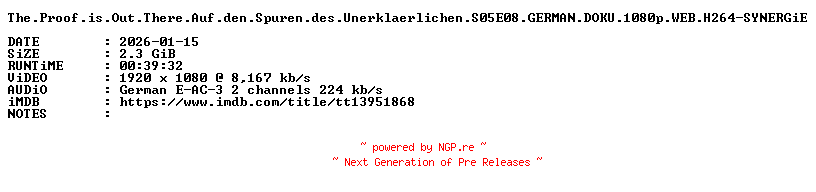 NFO for the release The.Proof.is.Out.There.Auf.den.Spuren.des.Unerklaerlichen.S05E08.GERMAN.DOKU.1080p.WEB.H264-SYNERGiE by SYNERGiE
