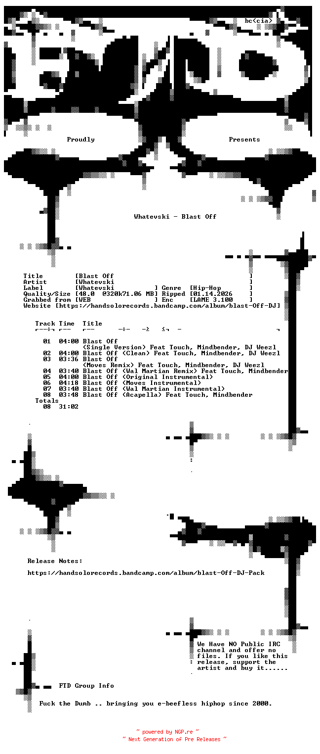 NFO for the release Whatevski-Blast_Off-SINGLE-WEB-2018-FTD by FTD