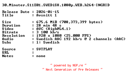 NFO for the release 30.Minuter.S11E01.SWEDiSH.1080p.WEB.h264-INGRID by INGRID