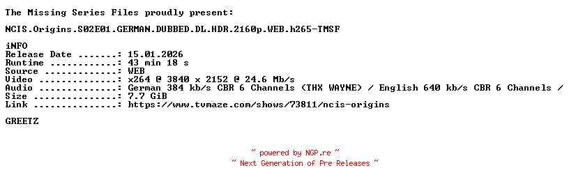 NFO for the release NCIS.Origins.S02E01.GERMAN.DUBBED.DL.HDR.2160p.WEB.h265-TMSF by TMSF