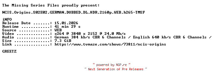 NFO for the release NCIS.Origins.S02E02.GERMAN.DUBBED.DL.HDR.2160p.WEB.h265-TMSF by TMSF