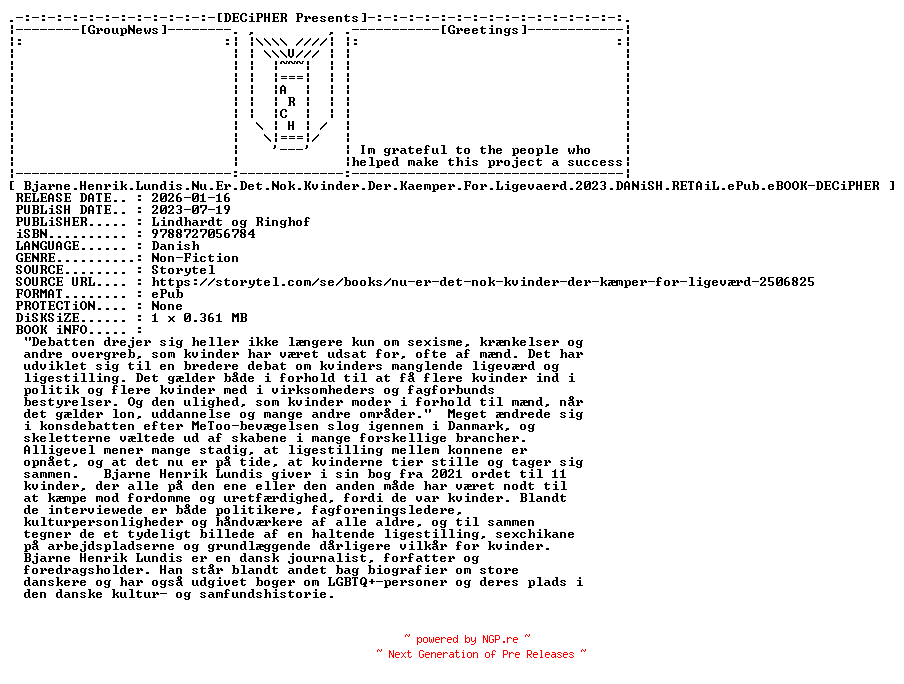 NFO for the release Bjarne.Henrik.Lundis.Nu.Er.Det.Nok.Kvinder.Der.Kaemper.For.Ligevaerd.2023.DANiSH.RETAiL.ePub.eBOOK-DECiPHER by DECiPHER