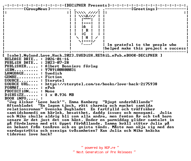 NFO for the release Isabel.Nylund.Love.Hack.2023.SWEDiSH.RETAiL.ePub.eBOOK-DECiPHER by DECiPHER