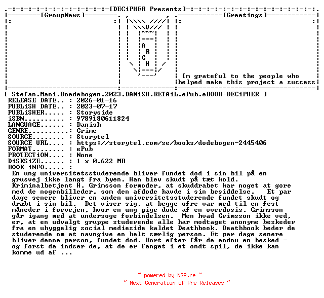 NFO for the release Stefan.Mani.Doedebogen.2023.DANiSH.RETAiL.ePub.eBOOK-DECiPHER by DECiPHER