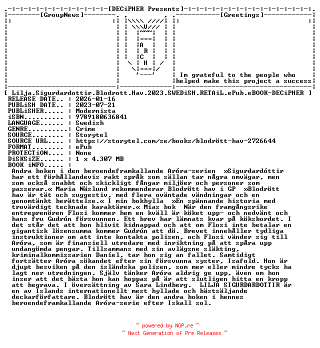 NFO for the release Lilja.Sigurdardottir.Blodrott.Hav.2023.SWEDiSH.RETAiL.ePub.eBOOK-DECiPHER by DECiPHER