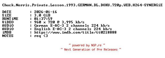 NFO for the release Chuck.Norris.Private.Lesson.1993.GERMAN.DL.DOKU.720p.WEB.H264-SYNERGiE by SYNERGiE