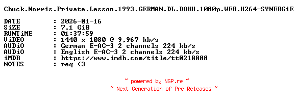 NFO for the release Chuck.Norris.Private.Lesson.1993.GERMAN.DL.DOKU.1080p.WEB.H264-SYNERGiE by SYNERGiE