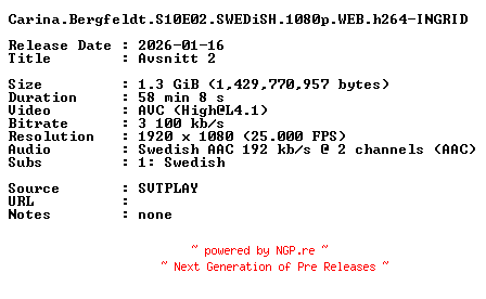 NFO for the release Carina.Bergfeldt.S10E02.SWEDiSH.1080p.WEB.h264-INGRID by INGRID