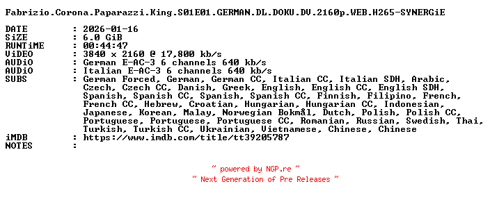 NFO for the release Fabrizio.Corona.Paparazzi.King.S01E01.GERMAN.DL.DOKU.DV.2160p.WEB.H265-SYNERGiE by SYNERGiE