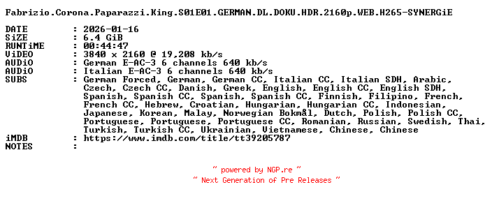 NFO for the release Fabrizio.Corona.Paparazzi.King.S01E01.GERMAN.DL.DOKU.HDR.2160p.WEB.H265-SYNERGiE by SYNERGiE
