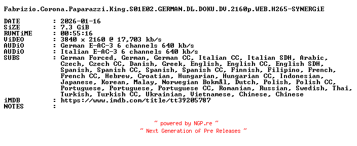 NFO for the release Fabrizio.Corona.Paparazzi.King.S01E02.GERMAN.DL.DOKU.DV.2160p.WEB.H265-SYNERGiE by SYNERGiE