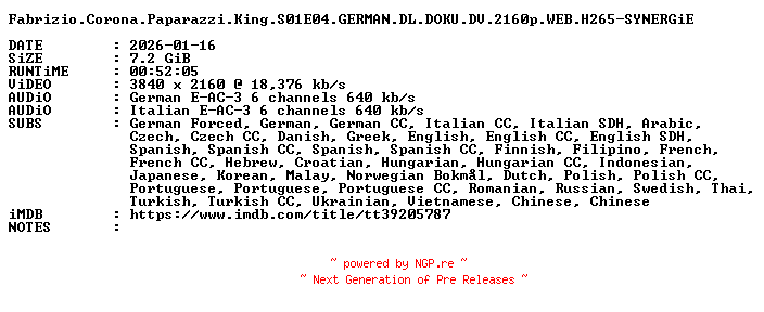 NFO for the release Fabrizio.Corona.Paparazzi.King.S01E04.GERMAN.DL.DOKU.DV.2160p.WEB.H265-SYNERGiE by SYNERGiE
