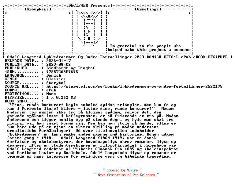NFO for the release Adolf.Langsted.Lykkedroemmen.Og.Andre.Fortaellinger.2023.DANiSH.RETAiL.ePub.eBOOK-DECiPHER by DECiPHER