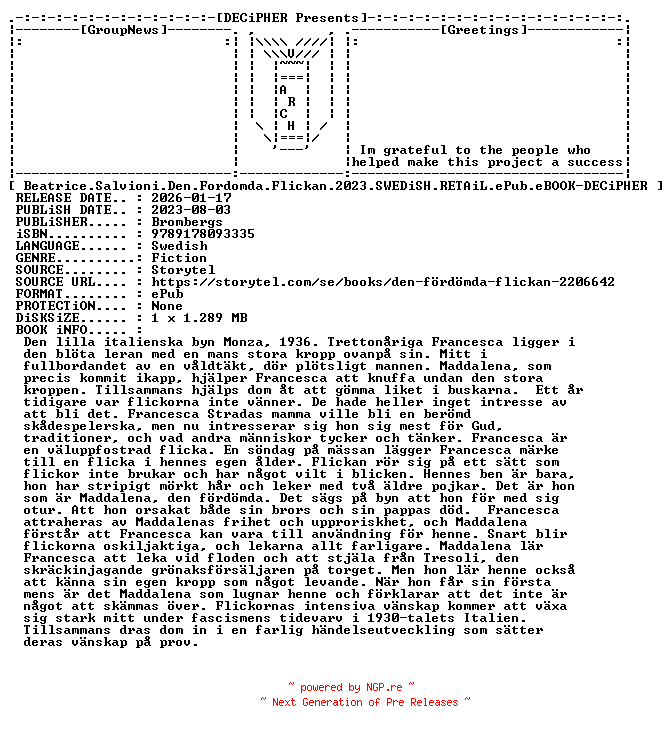 NFO for the release Beatrice.Salvioni.Den.Fordomda.Flickan.2023.SWEDiSH.RETAiL.ePub.eBOOK-DECiPHER by DECiPHER
