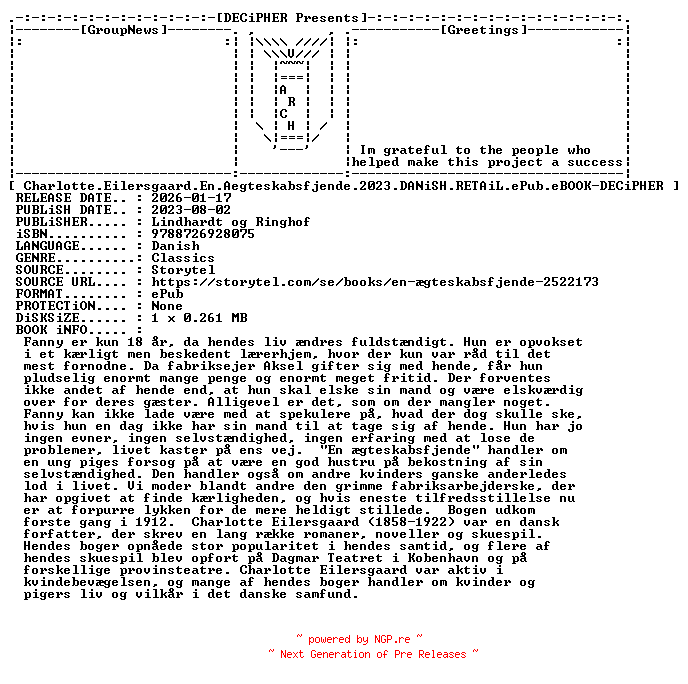 NFO for the release Charlotte.Eilersgaard.En.Aegteskabsfjende.2023.DANiSH.RETAiL.ePub.eBOOK-DECiPHER by DECiPHER