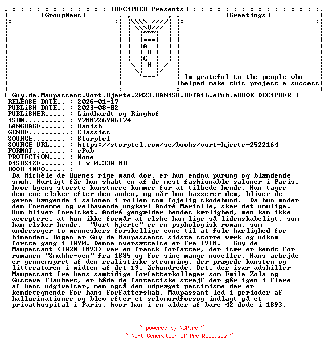 NFO for the release Guy.de.Maupassant.Vort.Hjerte.2023.DANiSH.RETAiL.ePub.eBOOK-DECiPHER by DECiPHER
