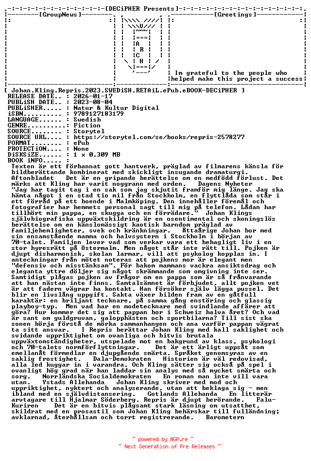 NFO for the release Johan.Kling.Repris.2023.SWEDiSH.RETAiL.ePub.eBOOK-DECiPHER by DECiPHER