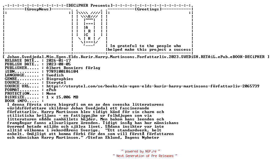 NFO for the release Johan.Svedjedal.Min.Egen.Elds.Kurir.Harry.Martinsons.Forfattarliv.2023.SWEDiSH.RETAiL.ePub.eBOOK-DECiPHER by DECiPHER