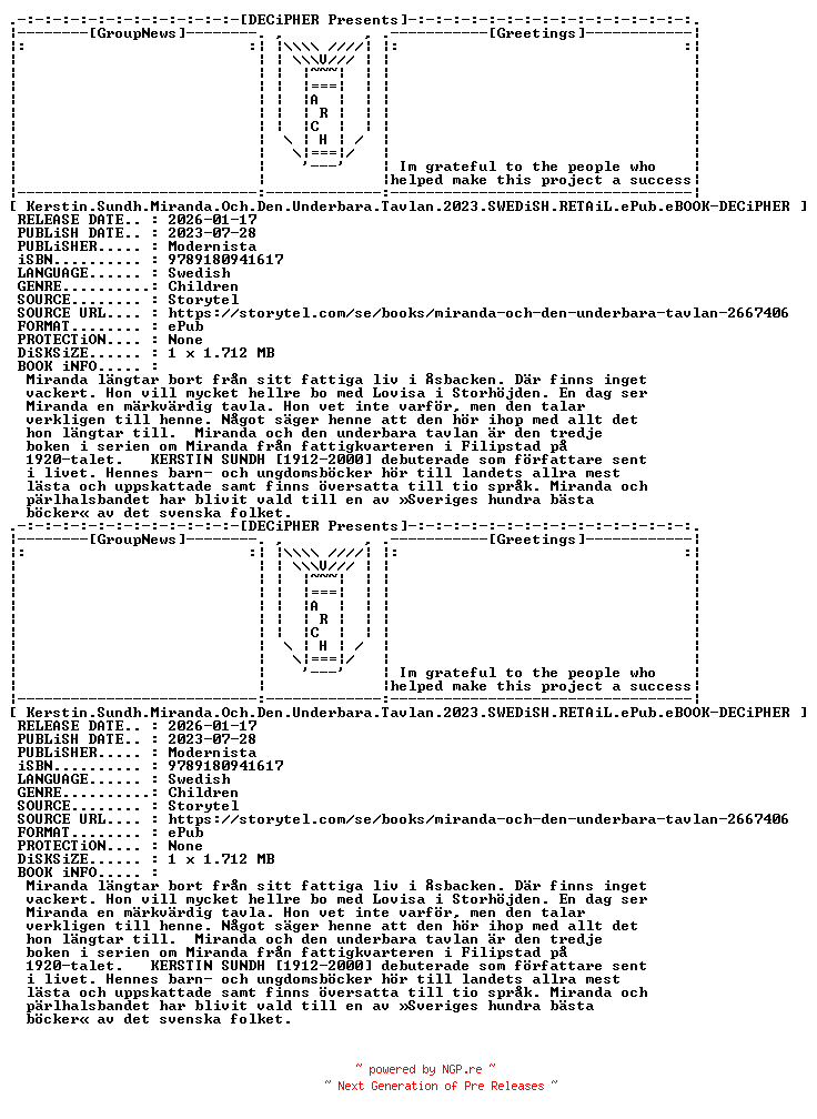 NFO for the release Kerstin.Sundh.Miranda.Och.Den.Underbara.Tavlan.2023.SWEDiSH.RETAiL.ePub.eBOOK-DECiPHER by DECiPHER