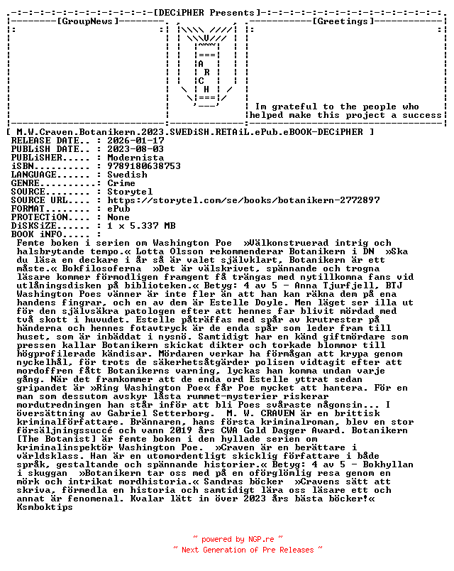 NFO for the release M.W.Craven.Botanikern.2023.SWEDiSH.RETAiL.ePub.eBOOK-DECiPHER by DECiPHER