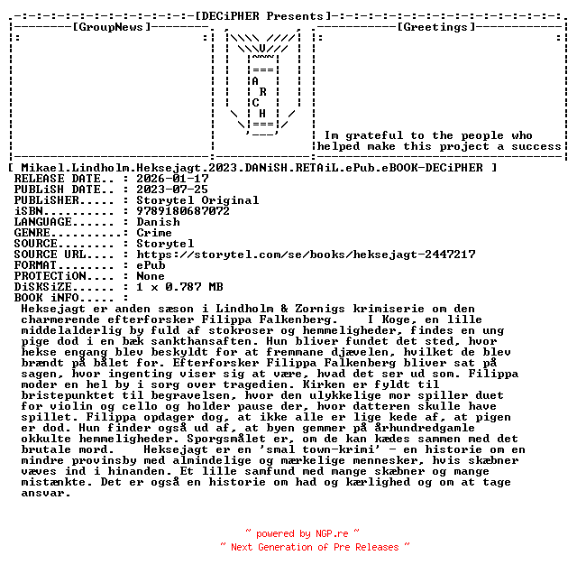 NFO for the release Mikael.Lindholm.Heksejagt.2023.DANiSH.RETAiL.ePub.eBOOK-DECiPHER by DECiPHER