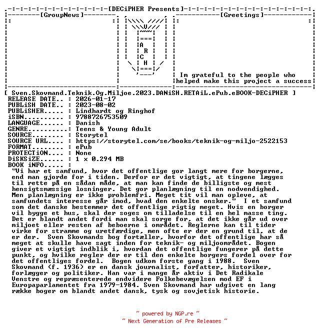 NFO for the release Sven.Skovmand.Teknik.Og.Miljoe.2023.DANiSH.RETAiL.ePub.eBOOK-DECiPHER by DECiPHER