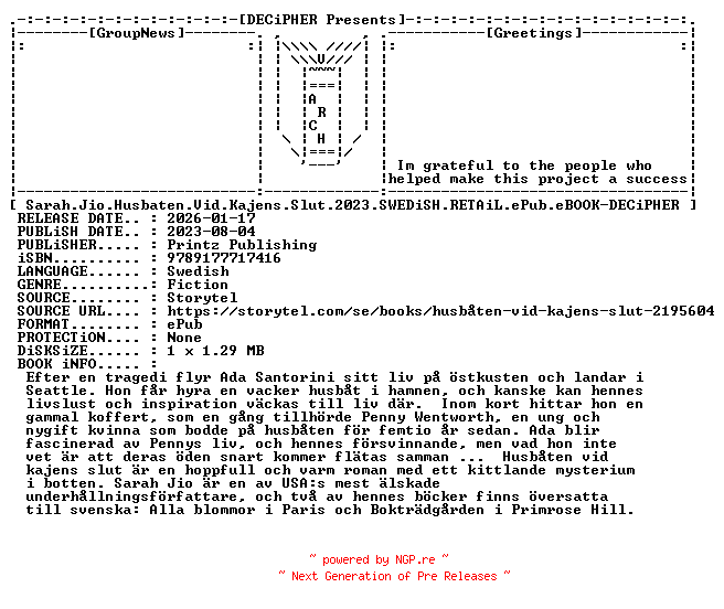 NFO for the release Sarah.Jio.Husbaten.Vid.Kajens.Slut.2023.SWEDiSH.RETAiL.ePub.eBOOK-DECiPHER by DECiPHER