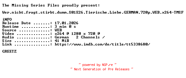 NFO for the release Wer.nicht.fragt.stirbt.dumm.S01E26.Tierische.Liebe.GERMAN.720p.WEB.x264-TMSF by TMSF
