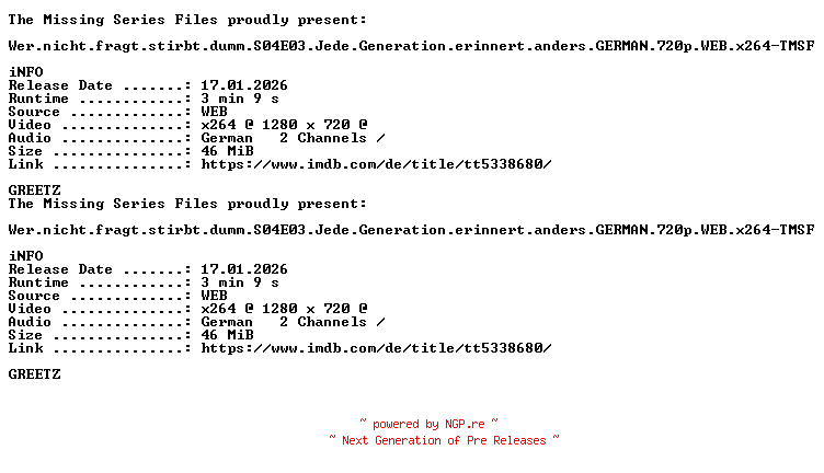 NFO for the release Wer.nicht.fragt.stirbt.dumm.S04E03.Jede.Generation.erinnert.anders.GERMAN.720p.WEB.x264-TMSF by TMSF