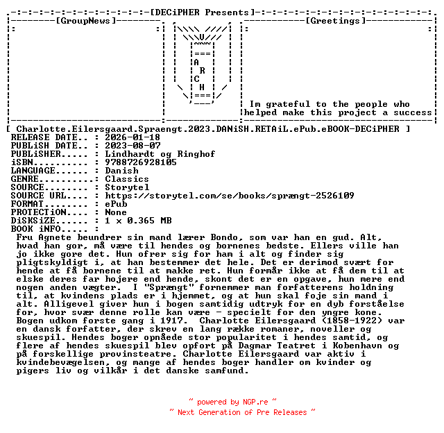 NFO for the release Charlotte.Eilersgaard.Spraengt.2023.DANiSH.RETAiL.ePub.eBOOK-DECiPHER by DECiPHER