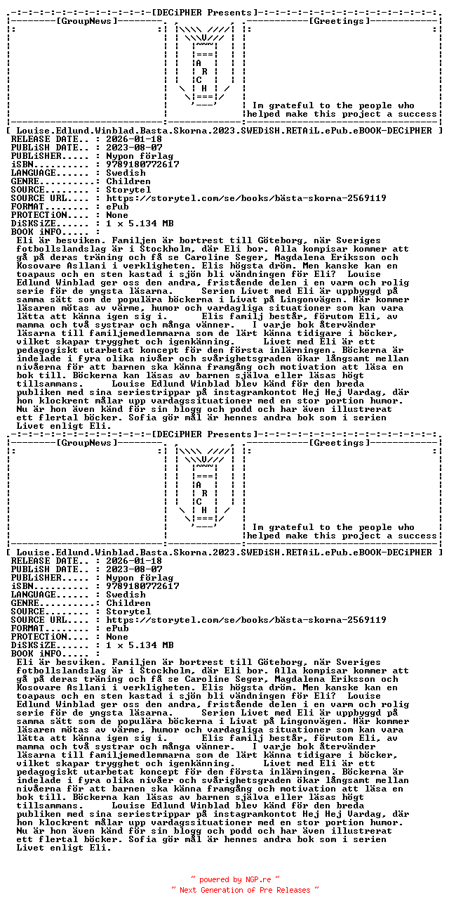NFO for the release Louise.Edlund.Winblad.Basta.Skorna.2023.SWEDiSH.RETAiL.ePub.eBOOK-DECiPHER by DECiPHER
