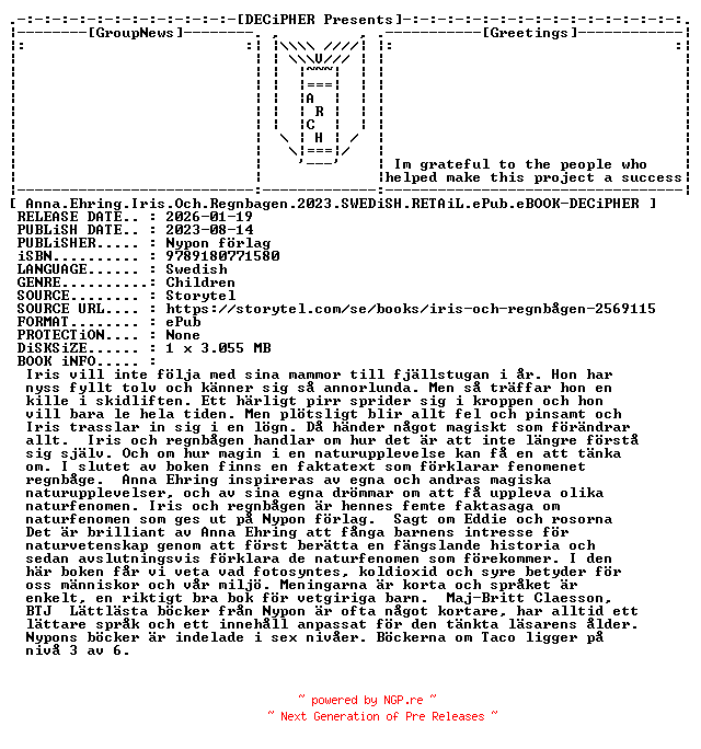 NFO for the release Anna.Ehring.Iris.Och.Regnbagen.2023.SWEDiSH.RETAiL.ePub.eBOOK-DECiPHER by DECiPHER