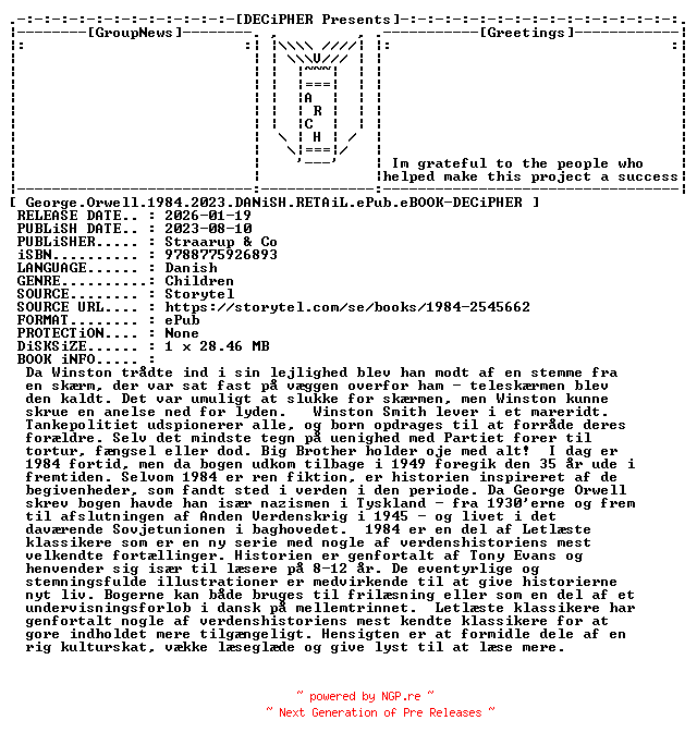 NFO for the release George.Orwell.1984.2023.DANiSH.RETAiL.ePub.eBOOK-DECiPHER by DECiPHER