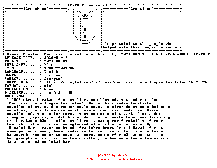 NFO for the release Haruki.Murakami.Mystiske.Fortaellinger.Fra.Tokyo.2023.DANiSH.RETAiL.ePub.eBOOK-DECiPHER by DECiPHER